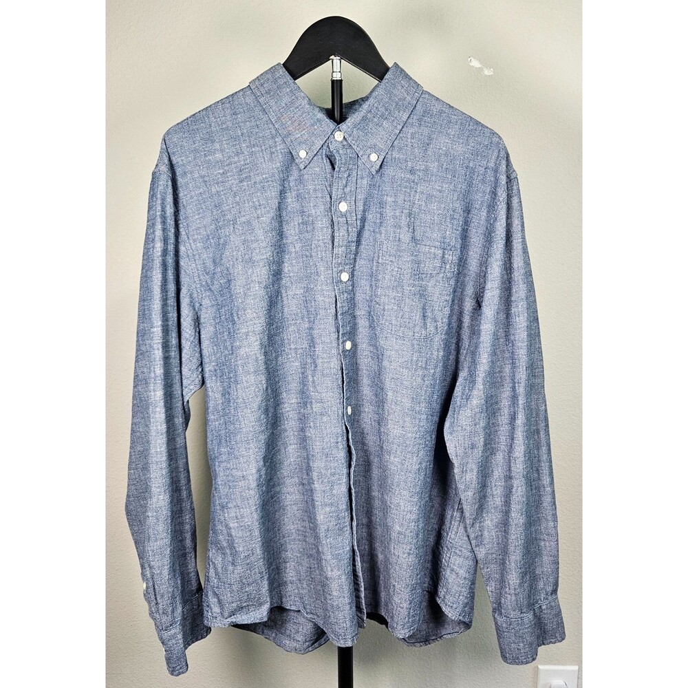 Lands End Button Front Shirt Mens XL Blue Traditional Fit Chambray Preppy